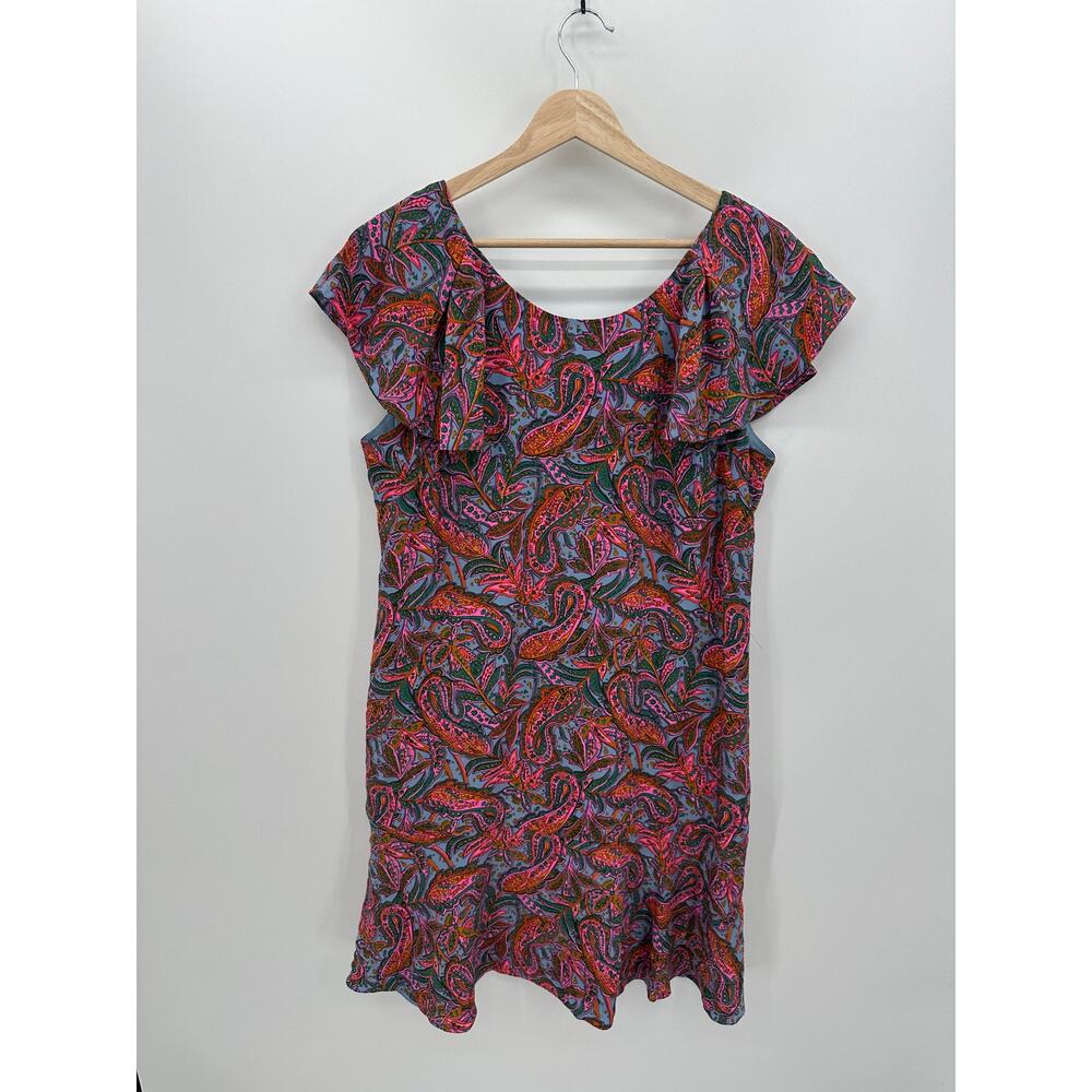 J.Crew Women 12T Pink Paisley Silk Ruffle Scoop Neck Shift‎ Dress Knee Length